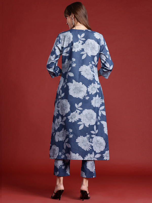 Indo Era Blue Printed A-Line Kurta Trousers set - Distacart