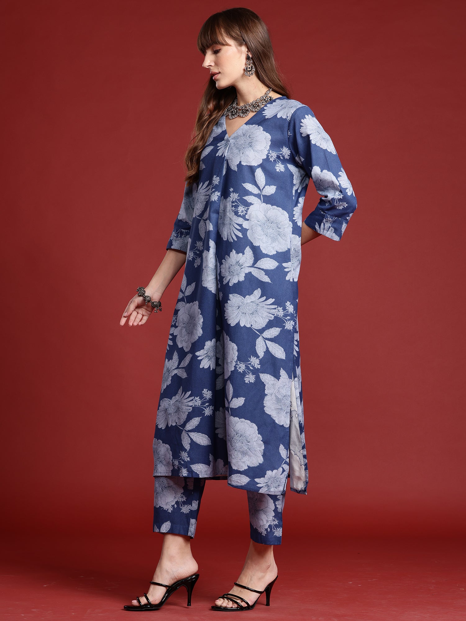 Indo Era Blue Printed A-Line Kurta Trousers set - Distacart