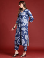 Thumbnail for Indo Era Blue Printed A-Line Kurta Trousers set - Distacart