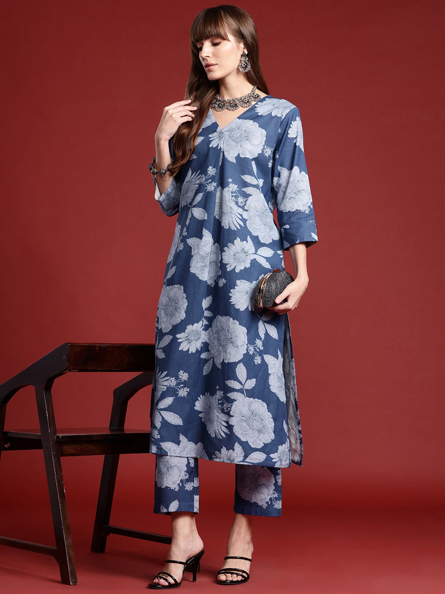 Indo Era Blue Printed A-Line Kurta Trousers set - Distacart