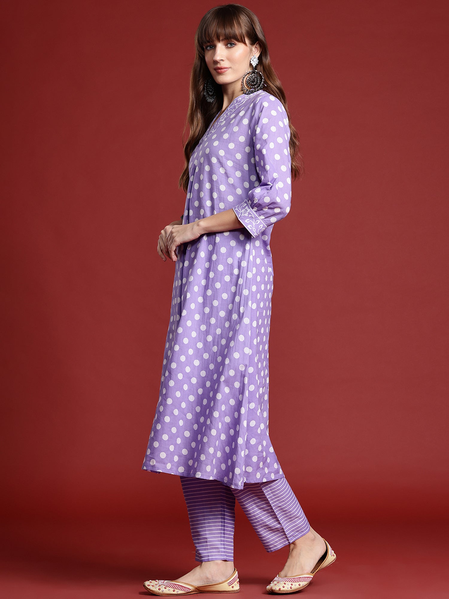 Indo Era Lavender Printed A-Line Kurta Trousers set - Distacart