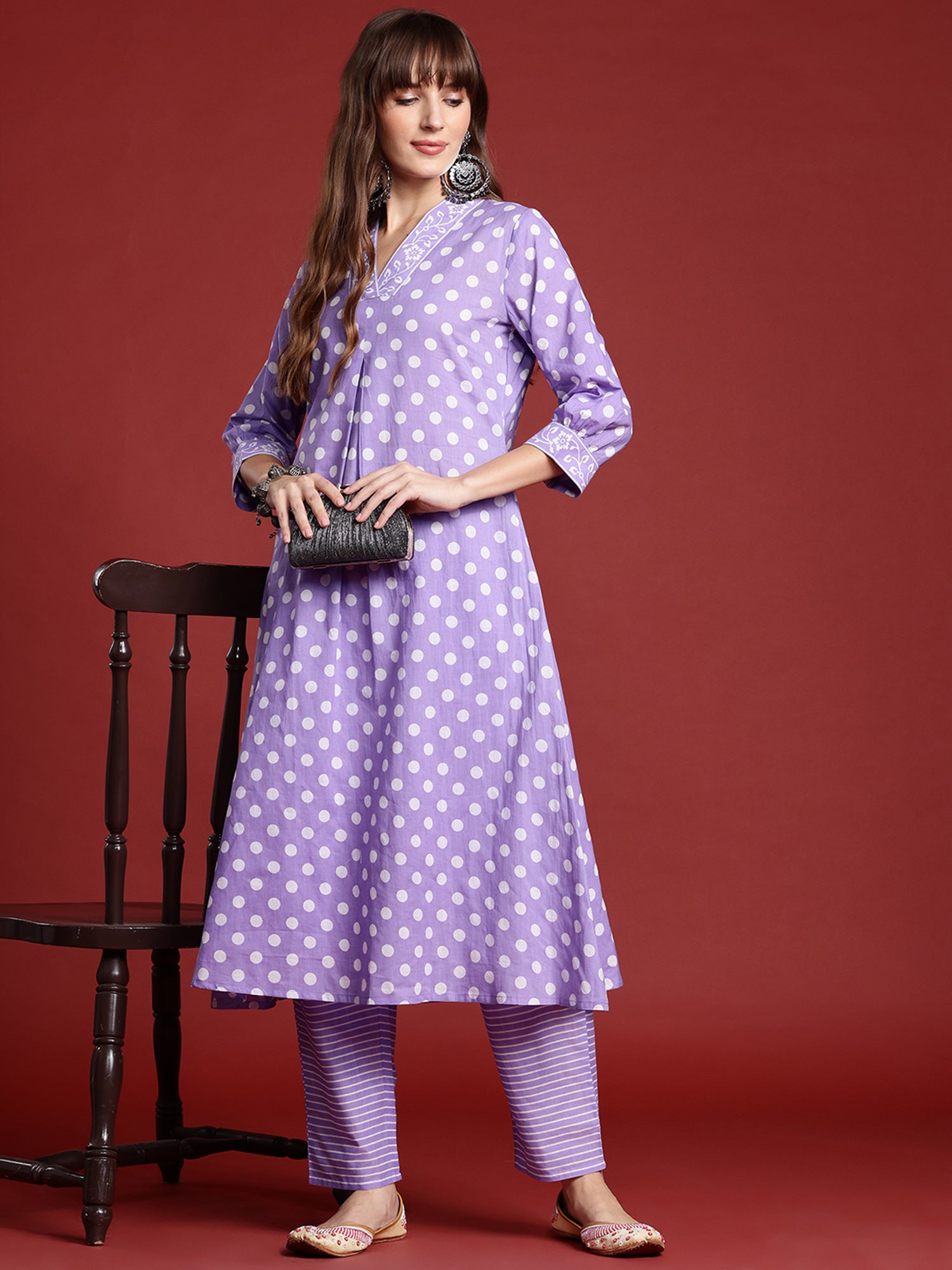 Indo Era Lavender Printed A-Line Kurta Trousers set - Distacart