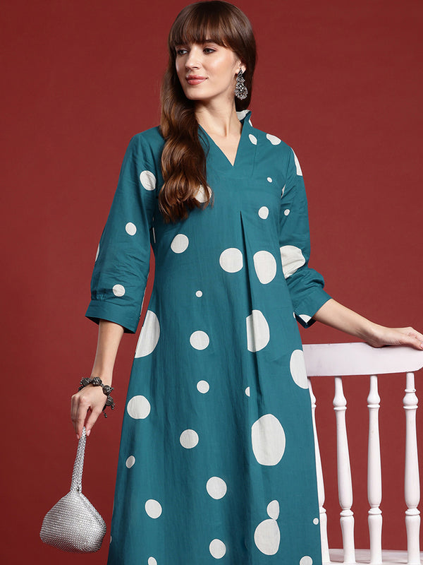 Indo Era Teal Printed A-Line Kurta Trousers set - Distacart