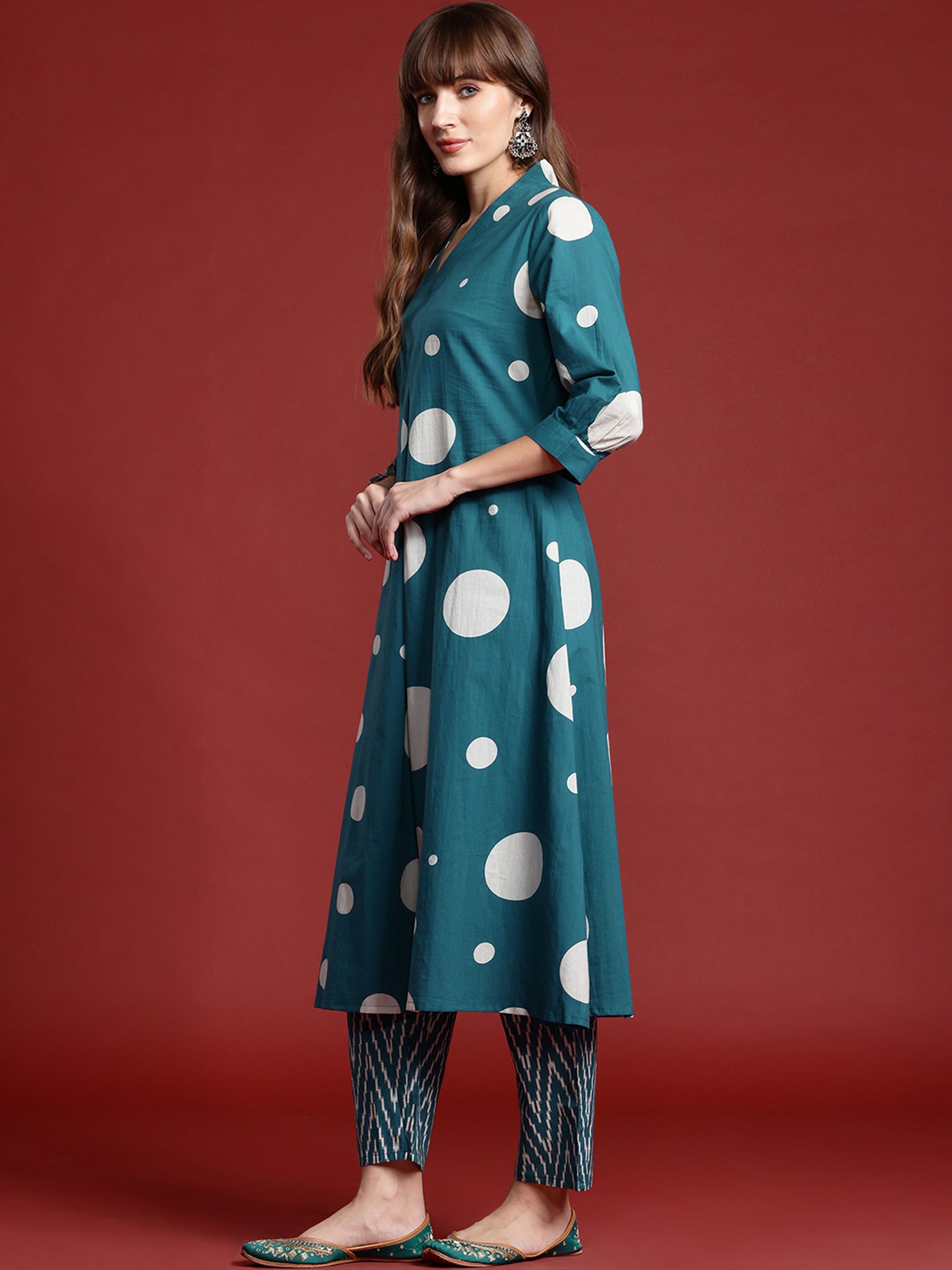 Indo Era Teal Printed A-Line Kurta Trousers set - Distacart