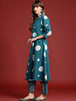 Thumbnail for Indo Era Teal Printed A-Line Kurta Trousers set - Distacart