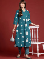Thumbnail for Indo Era Teal Printed A-Line Kurta Trousers set - Distacart