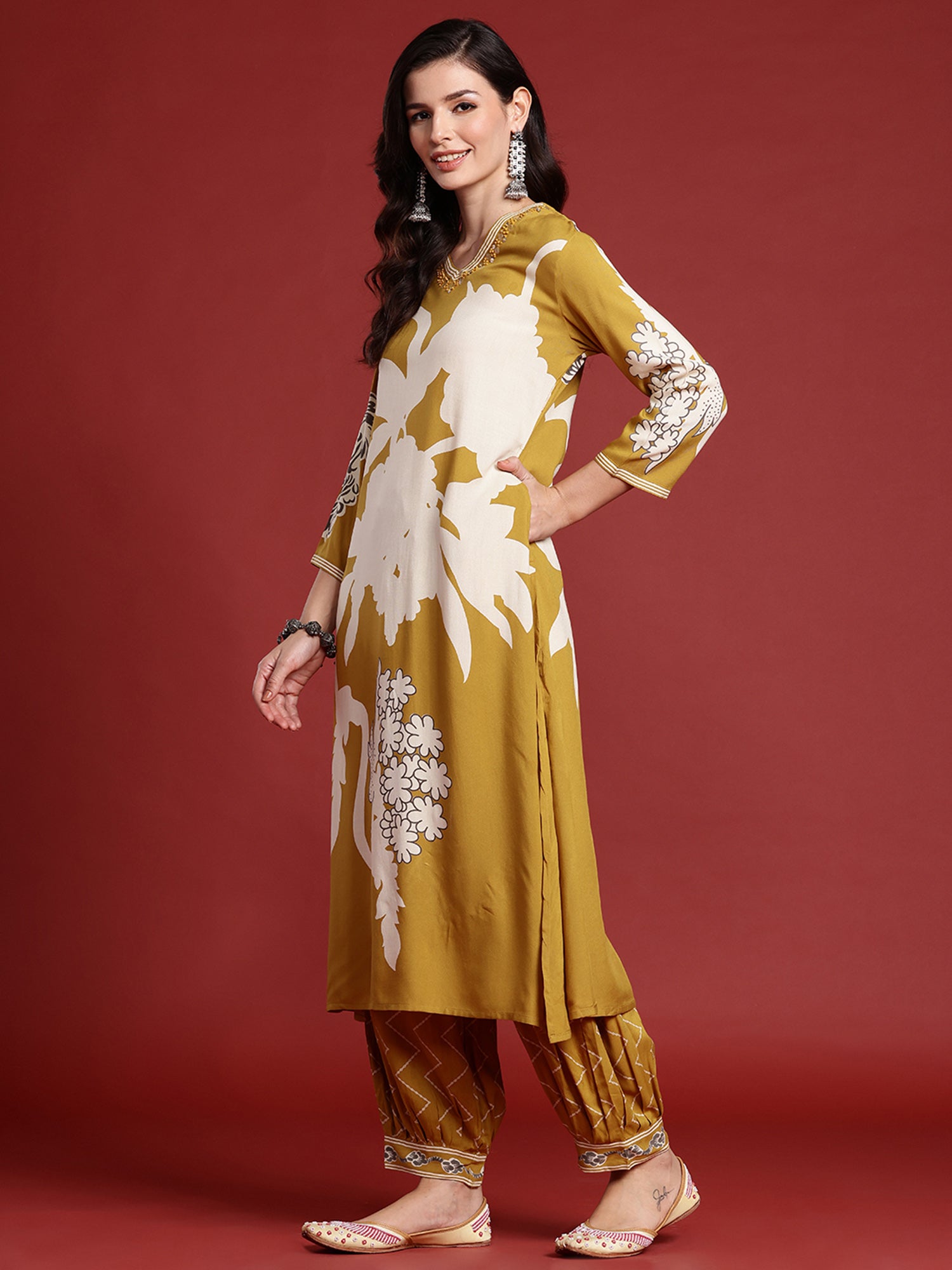Indo Era Mustard Printed A-Line Kurta Salwar set - Distacart