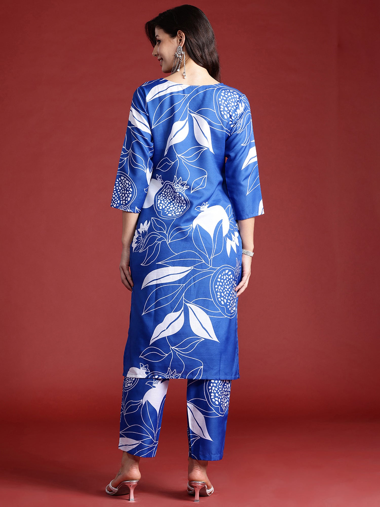 Indo Era Blue Printed Straight Kurta Trousers Set - Distacart