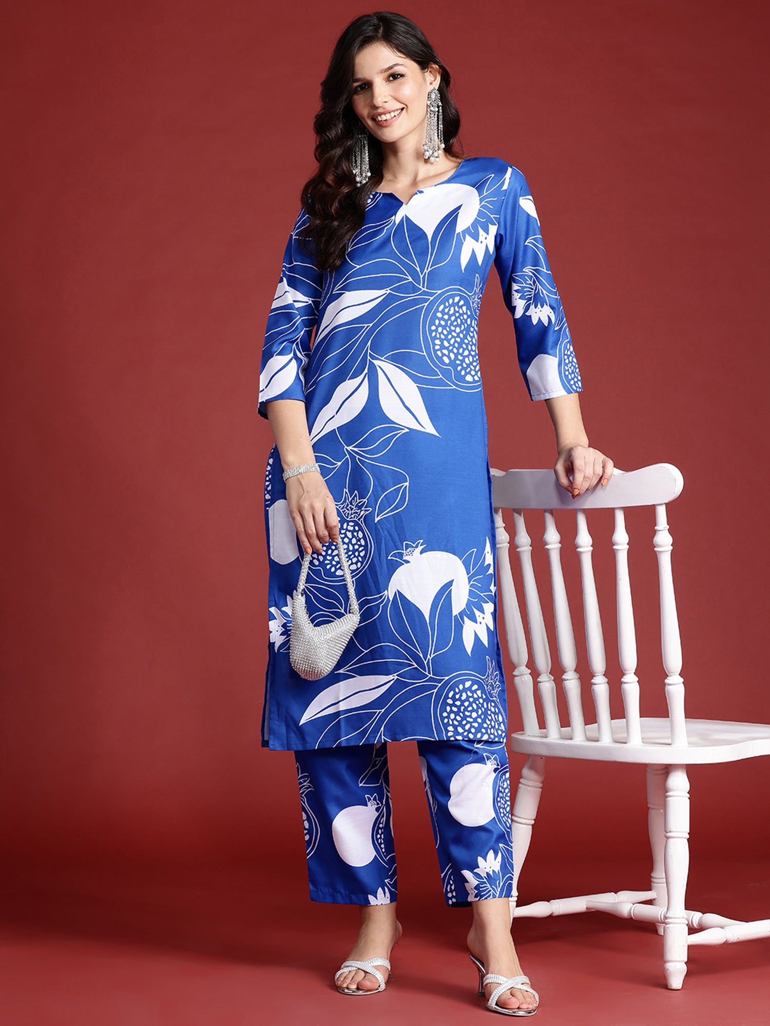 Indo Era Blue Printed Straight Kurta Trousers Set - Distacart