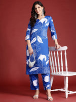 Thumbnail for Indo Era Blue Printed Straight Kurta Trousers Set - Distacart