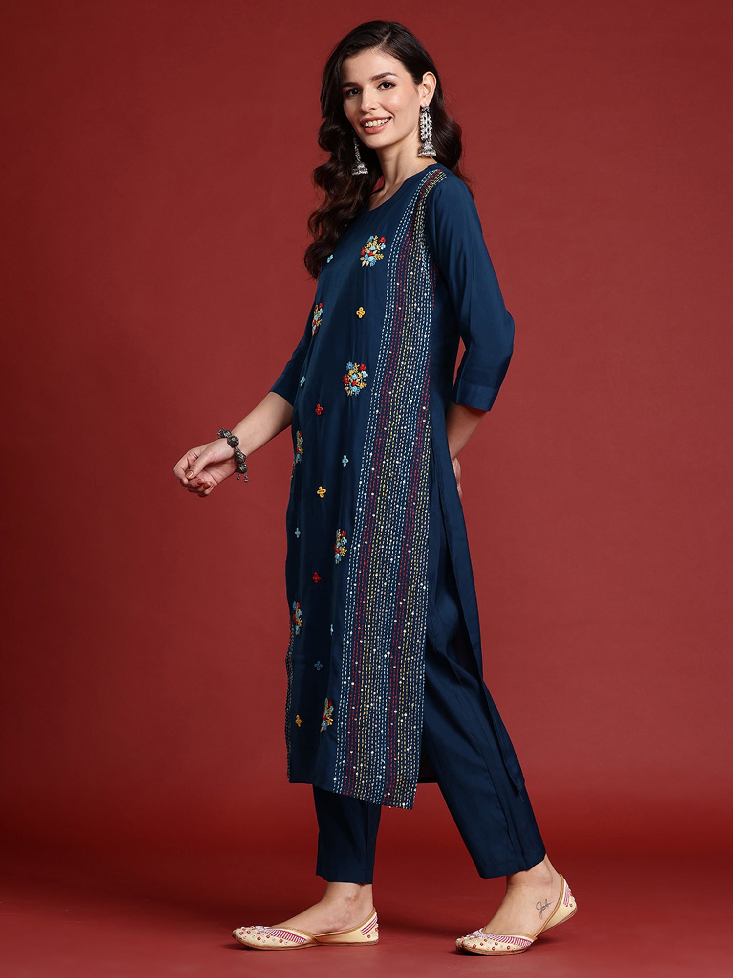 Indo Era Blue Embroidered Straight Kurta Trousers set - Distacart