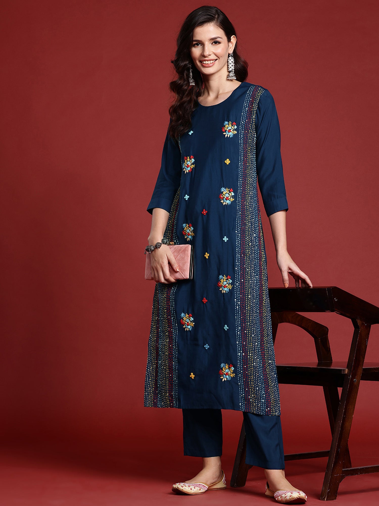 Indo Era Blue Embroidered Straight Kurta Trousers set - Distacart