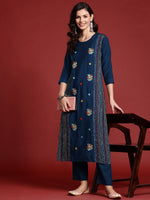 Thumbnail for Indo Era Blue Embroidered Straight Kurta Trousers set - Distacart