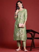 Thumbnail for Indo Era Green Embroidered Straight Kurta Trousers set - Distacart