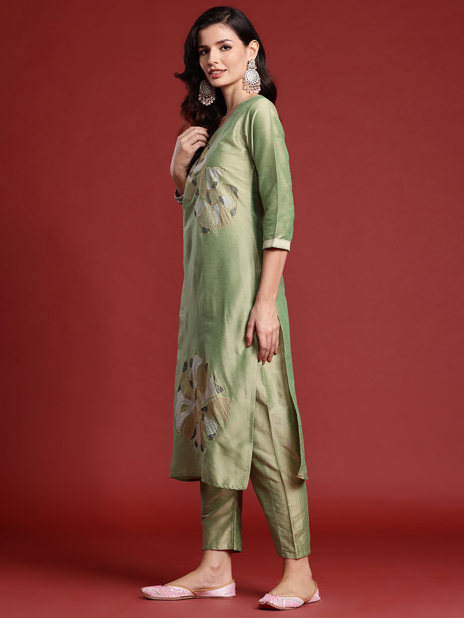 Indo Era Green Embroidered Straight Kurta Trousers set - Distacart