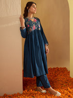 Thumbnail for Indo Era Teal Embroidered A-Line Kurta Trousers Set - Distacart
