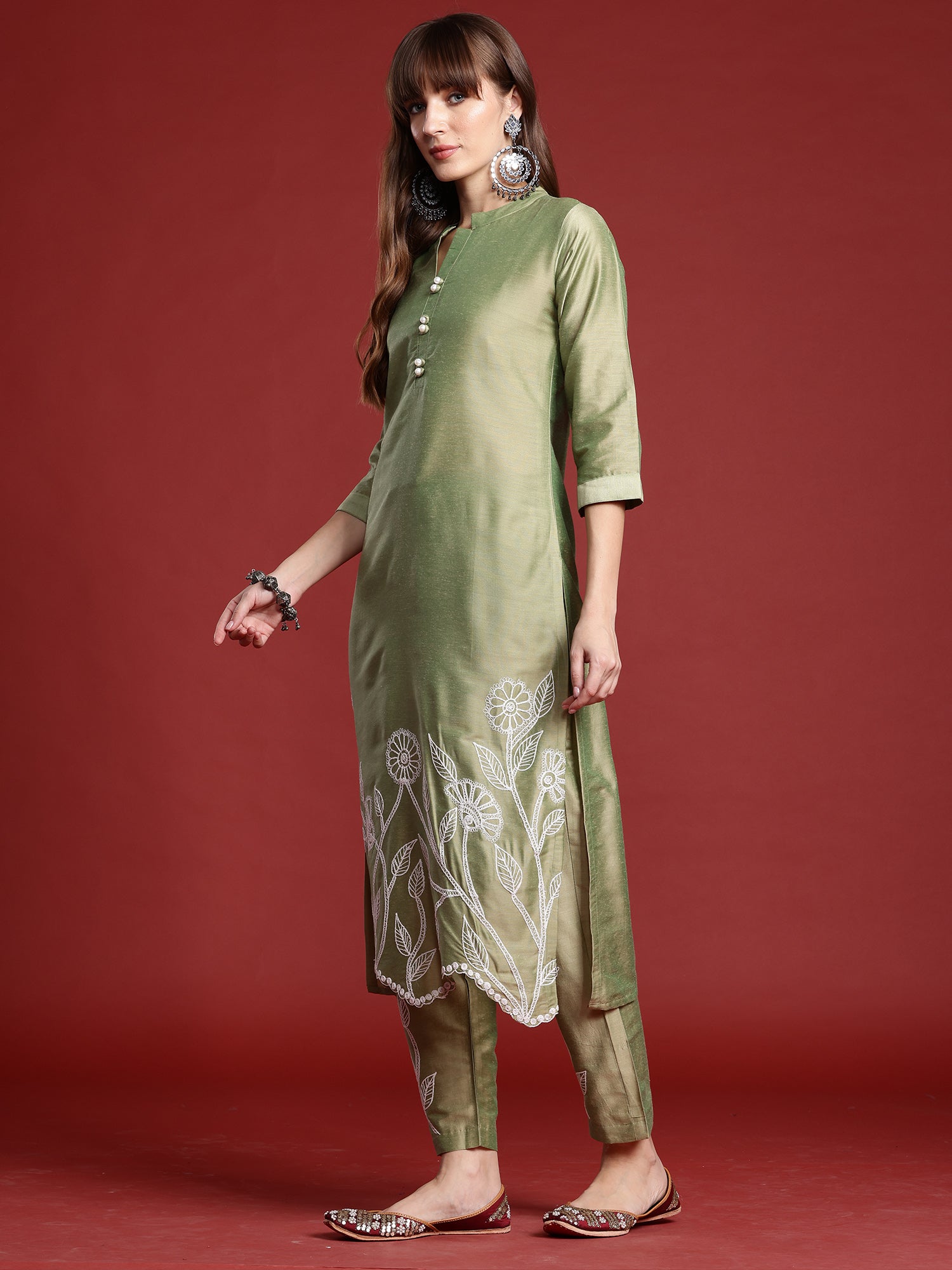 Indo Era Green Embroidered Straight Kurta Trousers set - Distacart