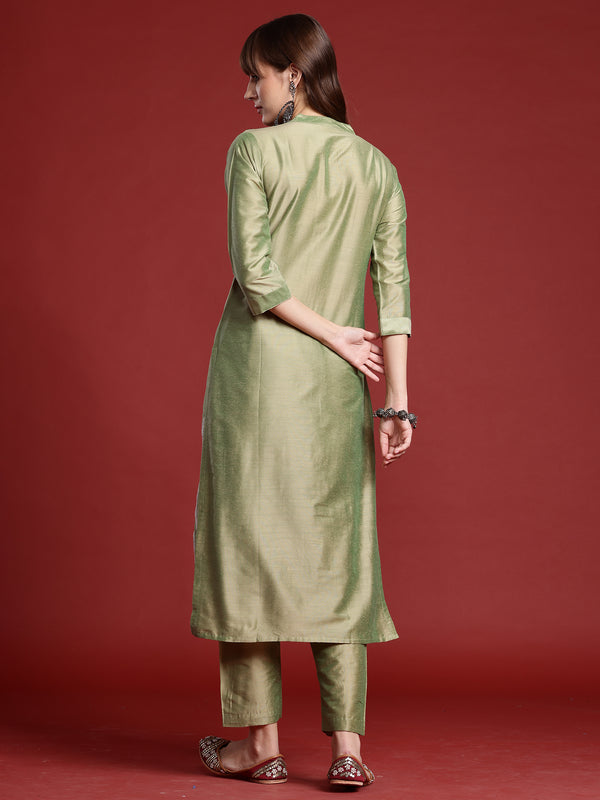 Indo Era Green Embroidered Straight Kurta Trousers set - Distacart