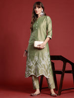 Thumbnail for Indo Era Green Embroidered Straight Kurta Trousers set - Distacart
