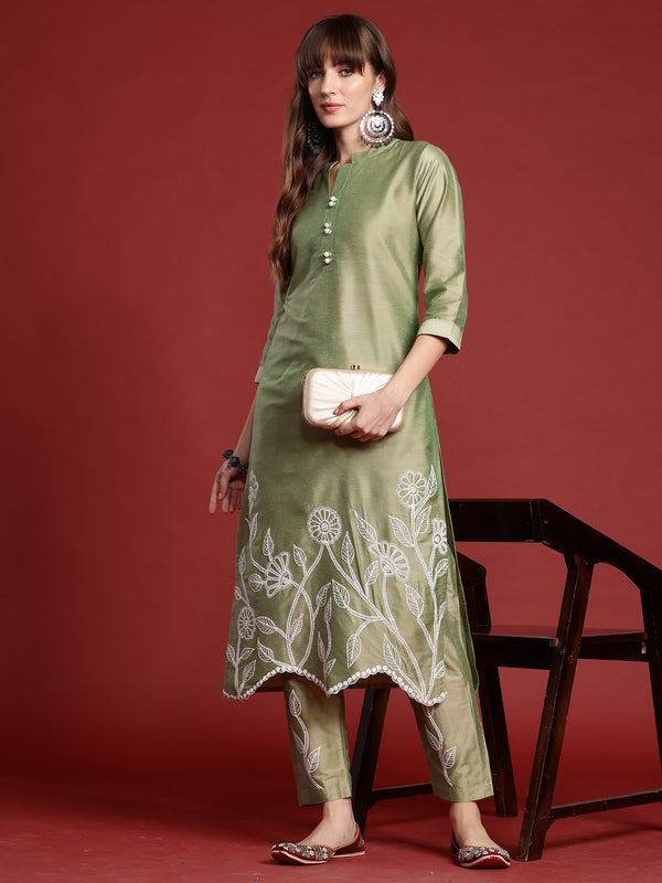 Indo Era Green Embroidered Straight Kurta Trousers set - Distacart