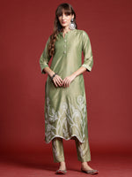 Thumbnail for Indo Era Green Embroidered Straight Kurta Trousers set - Distacart