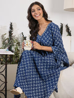 Thumbnail for Indo Era Blue Printed A-Line Kurta Trousers set - Distacart