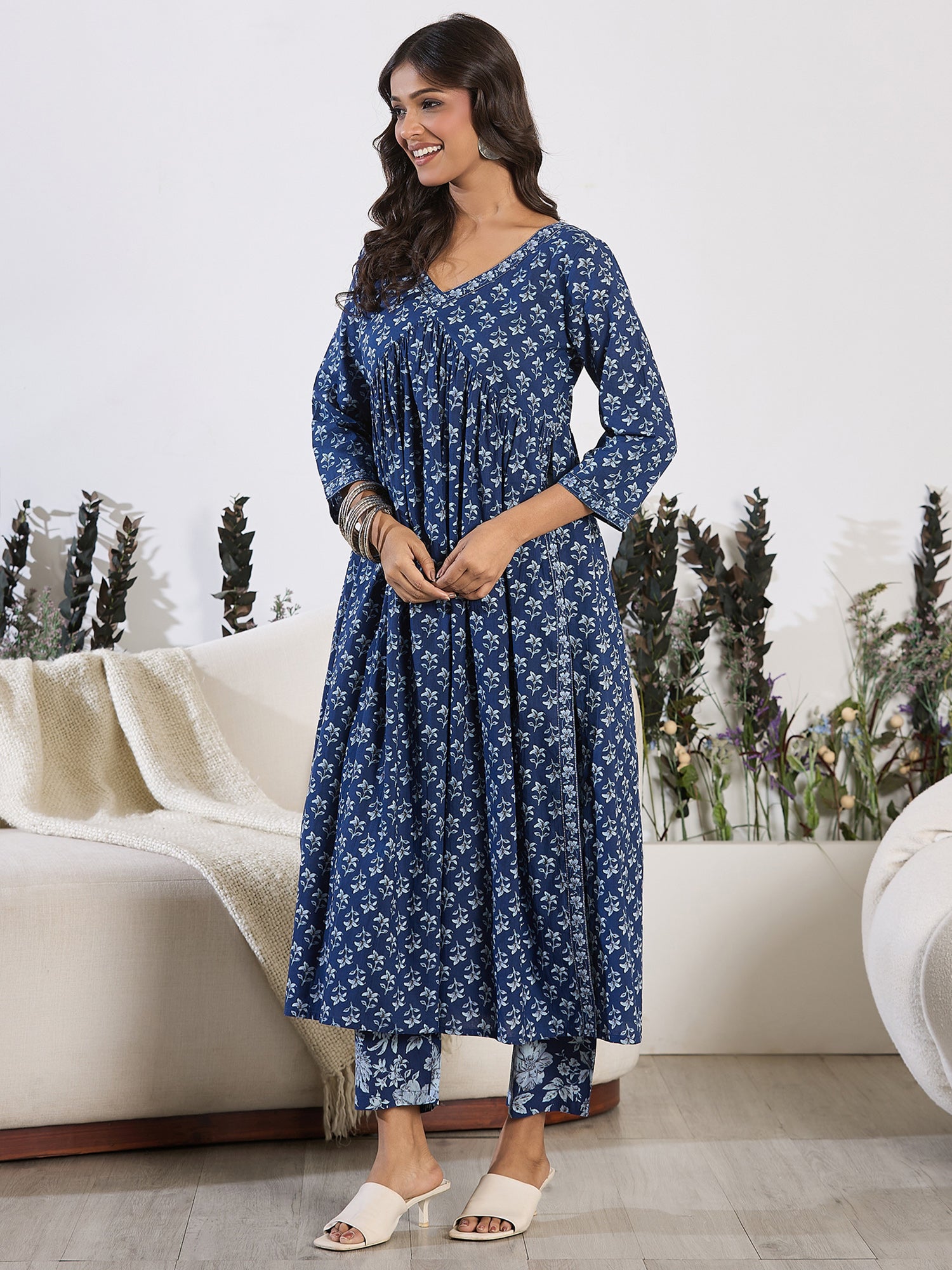Indo Era Blue Printed A-Line Kurta Trousers set - Distacart