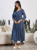 Thumbnail for Indo Era Blue Printed A-Line Kurta Trousers set - Distacart