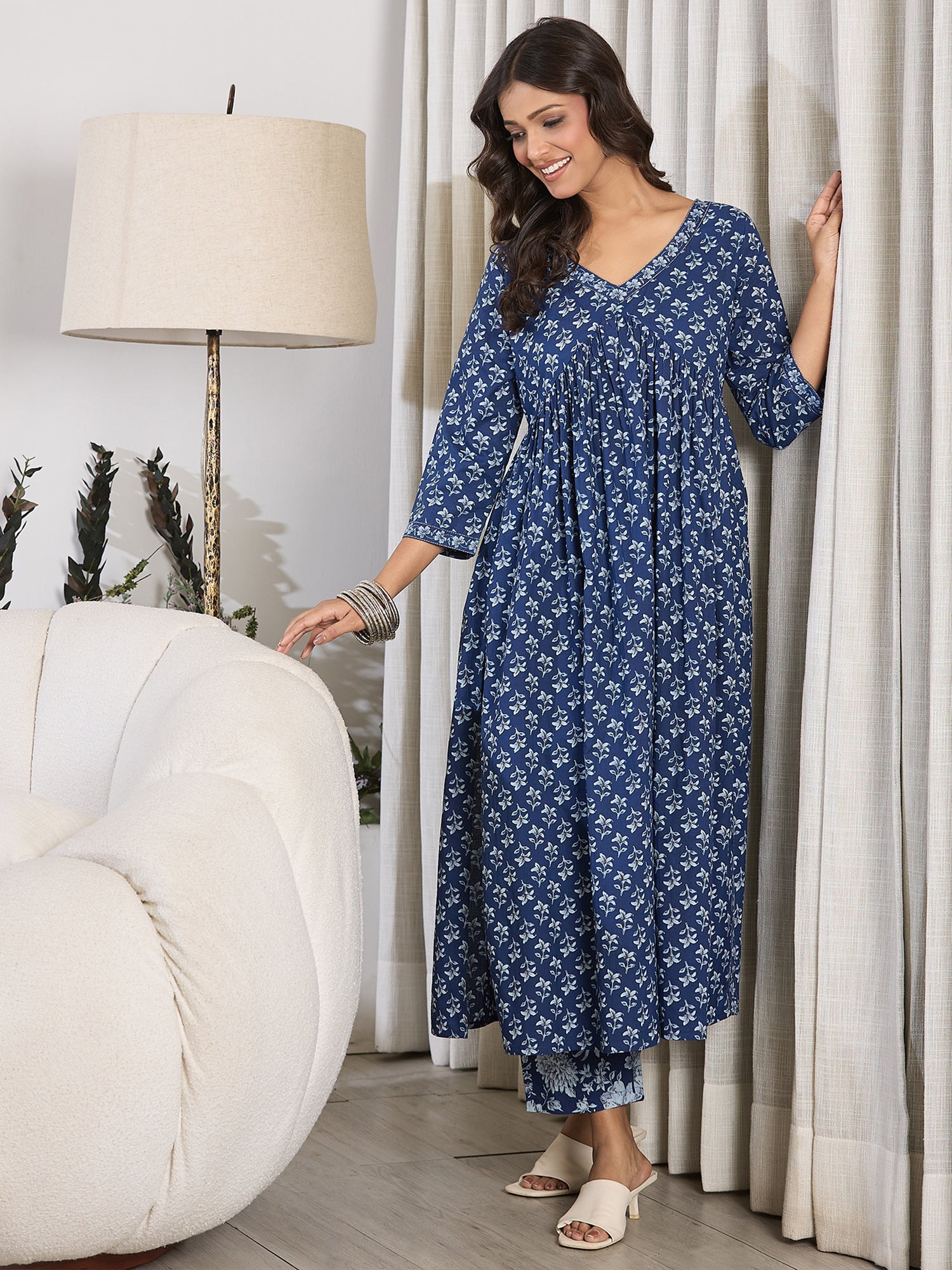 Indo Era Blue Printed A-Line Kurta Trousers set - Distacart