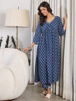 Thumbnail for Indo Era Blue Printed A-Line Kurta Trousers set - Distacart