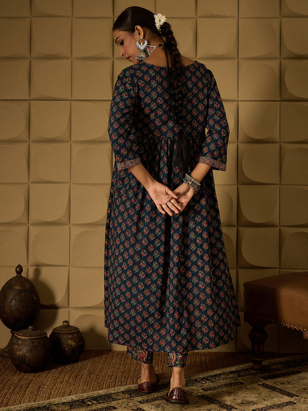 Indo Era Teal Printed A-Line Kurta Trousers set - Distacart