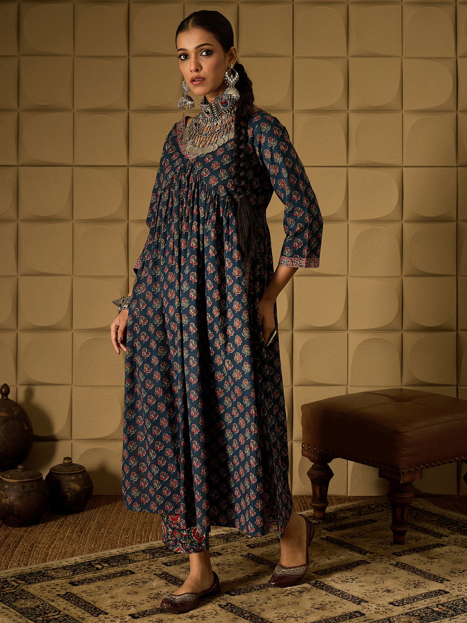 Indo Era Teal Printed A-Line Kurta Trousers set - Distacart