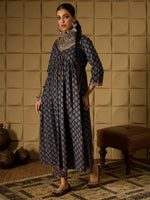 Thumbnail for Indo Era Teal Printed A-Line Kurta Trousers set - Distacart