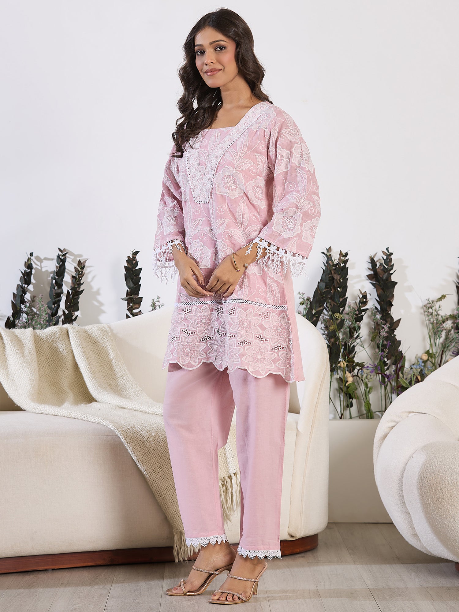 Indo Era Pink Embroidered A-Line Kurta Trousers set - Distacart
