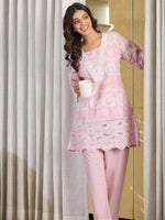 Thumbnail for Indo Era Pink Embroidered A-Line Kurta Trousers set - Distacart