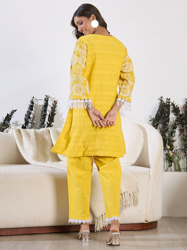 Indo Era Mustard Embroidered A-Line Kurta Trousers set - Distacart