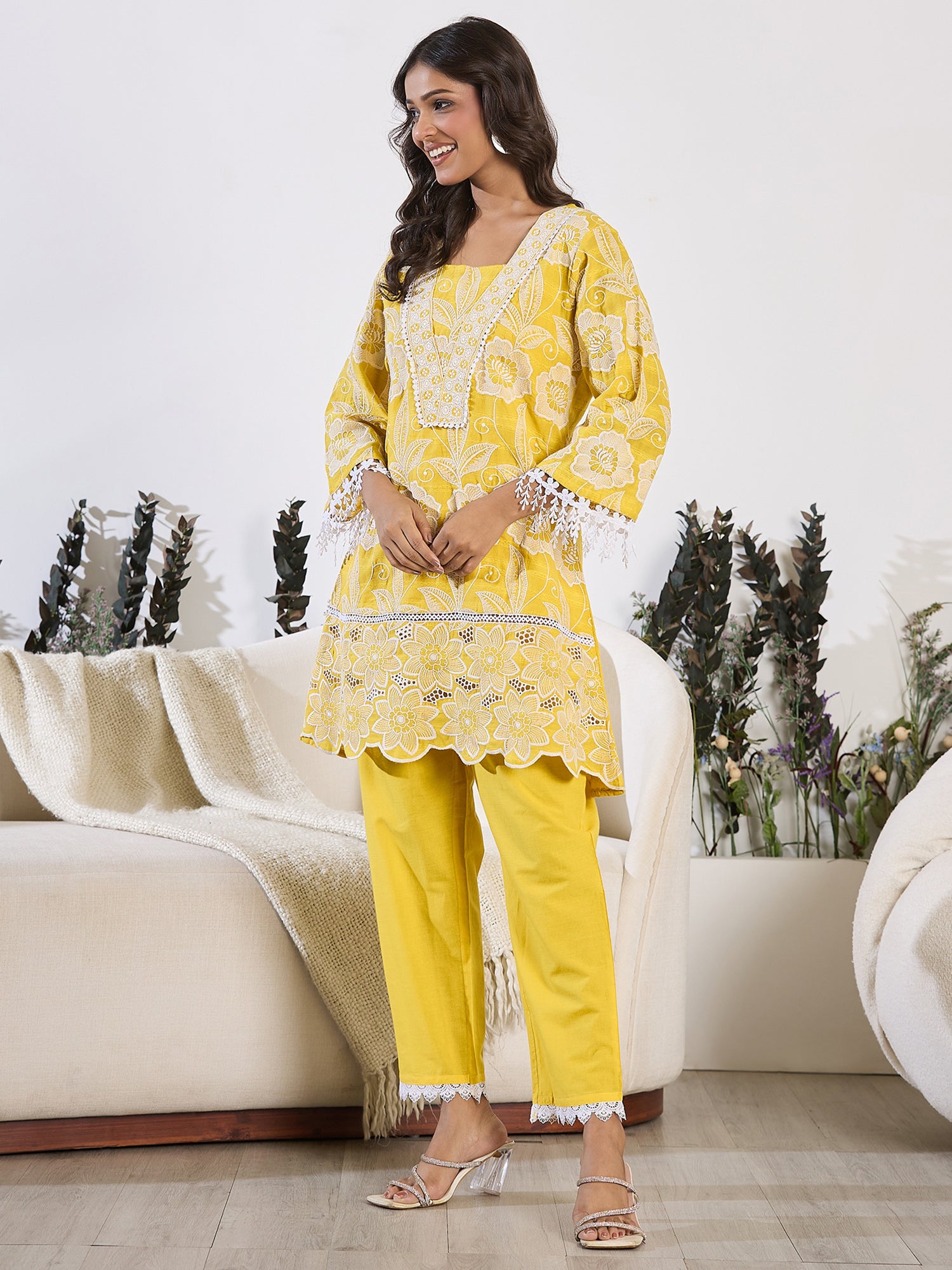 Indo Era Mustard Embroidered A-Line Kurta Trousers set - Distacart