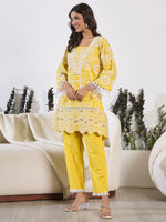 Thumbnail for Indo Era Mustard Embroidered A-Line Kurta Trousers set - Distacart