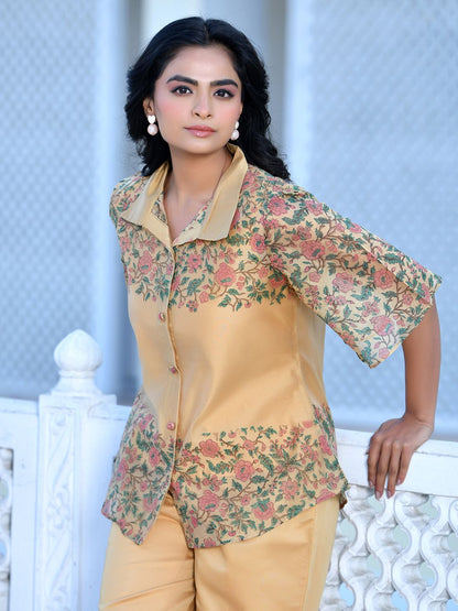 Vaasva Women's Cream Henna Linen Digital Printed Cord Set - Distacart