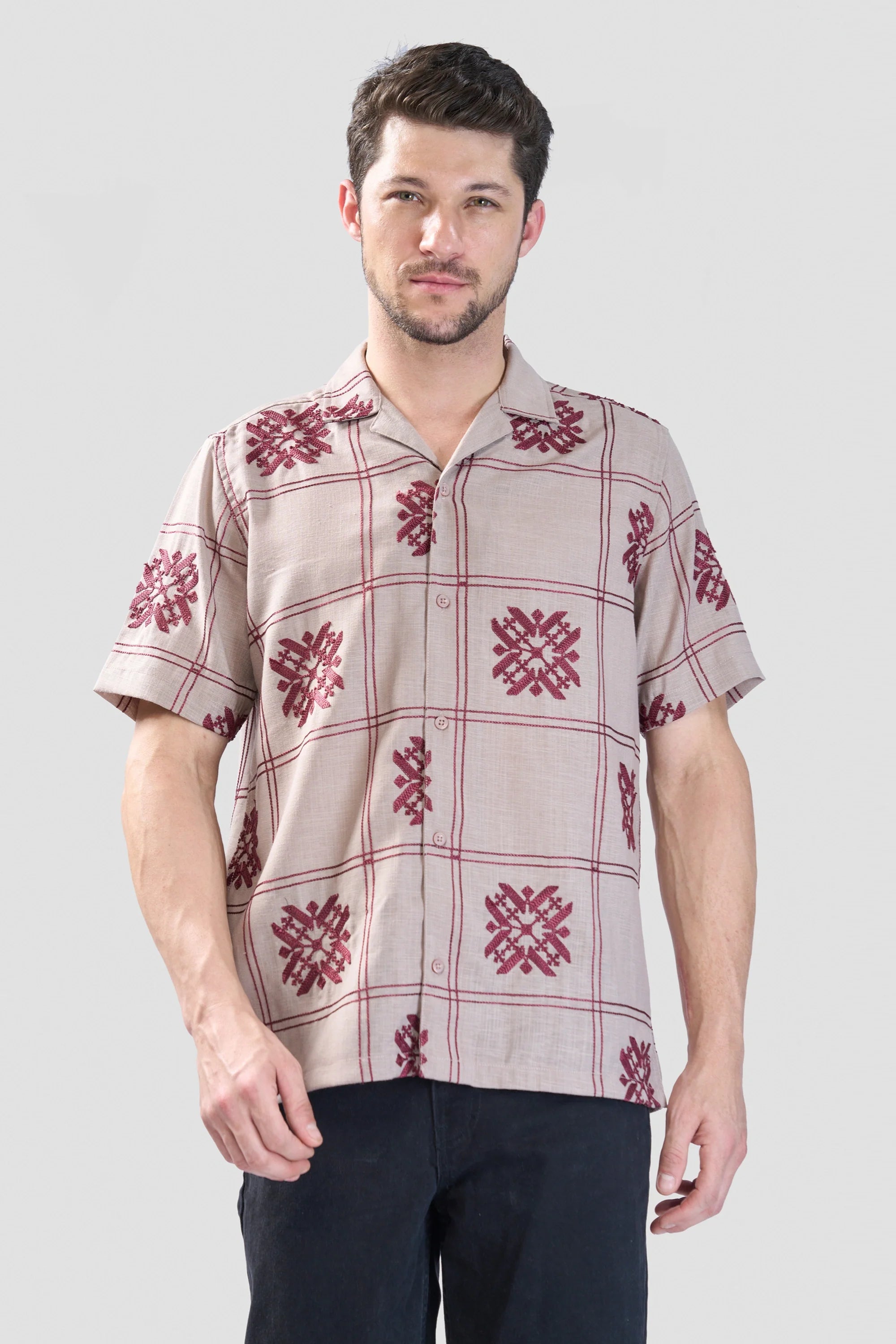 Xkind Light Maroon Embroidered Releaxed Fit Shirt