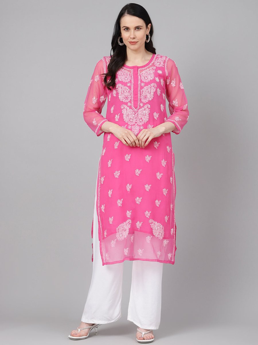 ADA Women Pink & White Sheer Chikankari Embroidered Straight Handloom Kurta with Inner - Distacart
