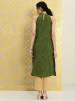 Thumbnail for Ode by House of Pataudi Women Green Printed Pure Cotton Halter Neck Rozana Kurta - Distacart