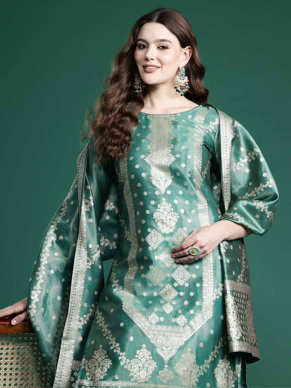 Indo Era Green Straight Kurta Trousers With Dupatta Set - Distacart