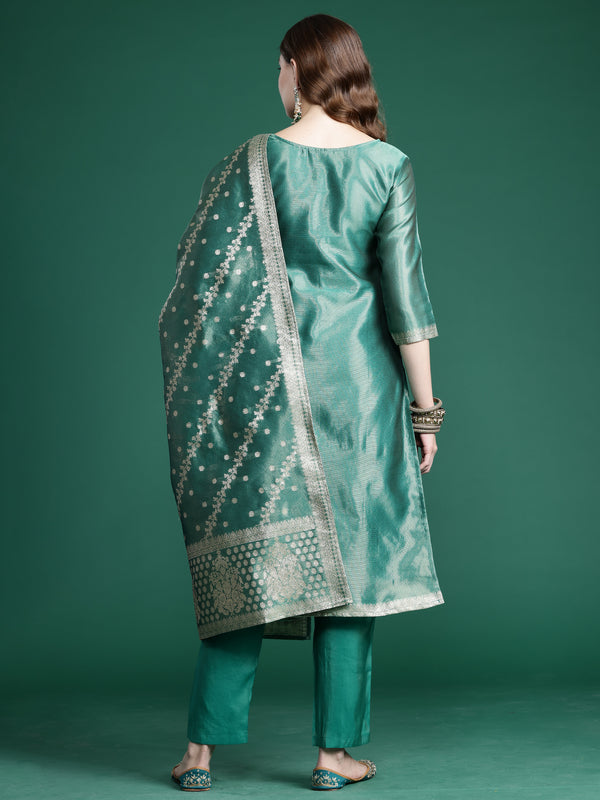 Indo Era Green Straight Kurta Trousers With Dupatta Set - Distacart