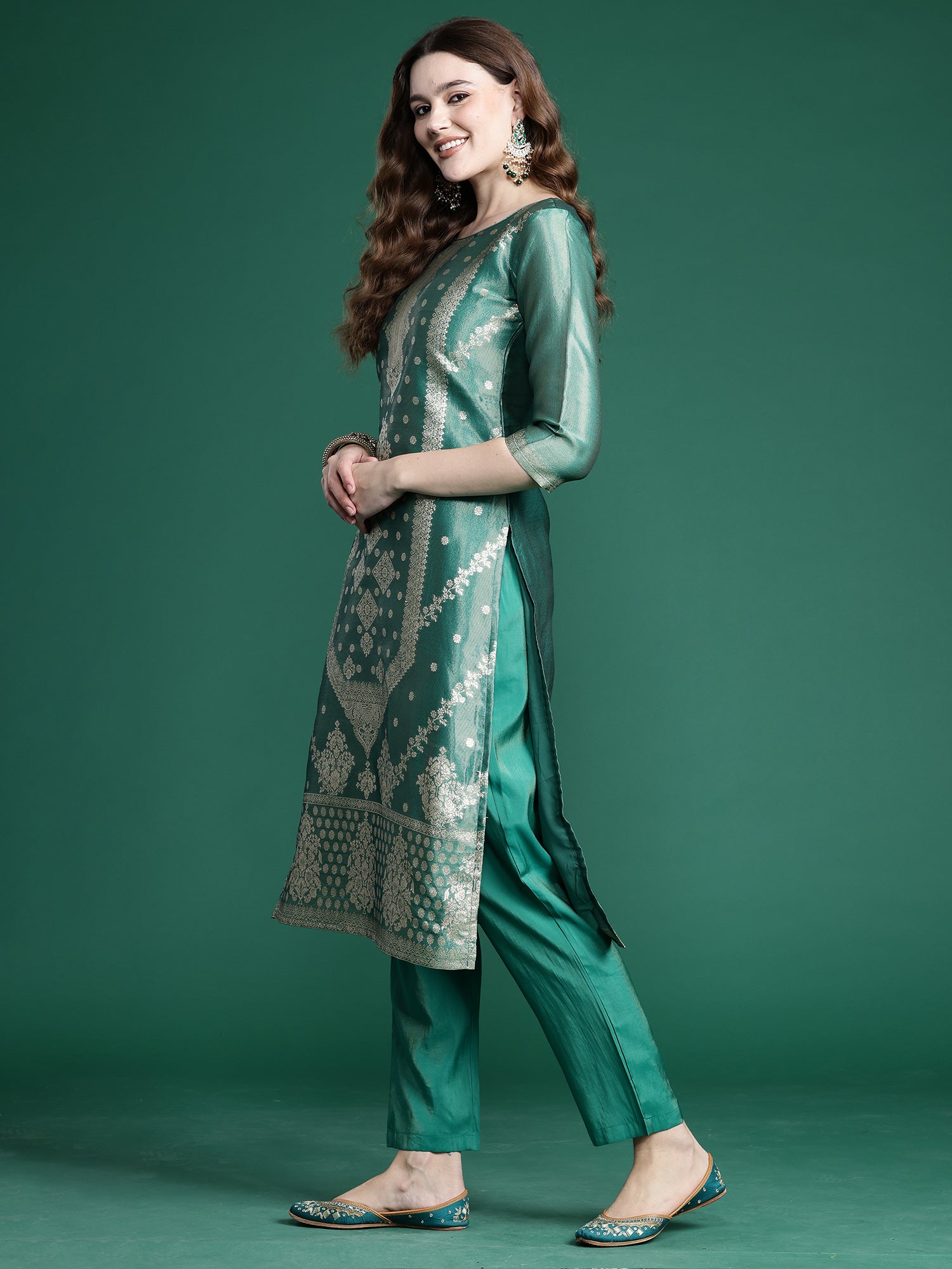 Indo Era Green Straight Kurta Trousers With Dupatta Set - Distacart