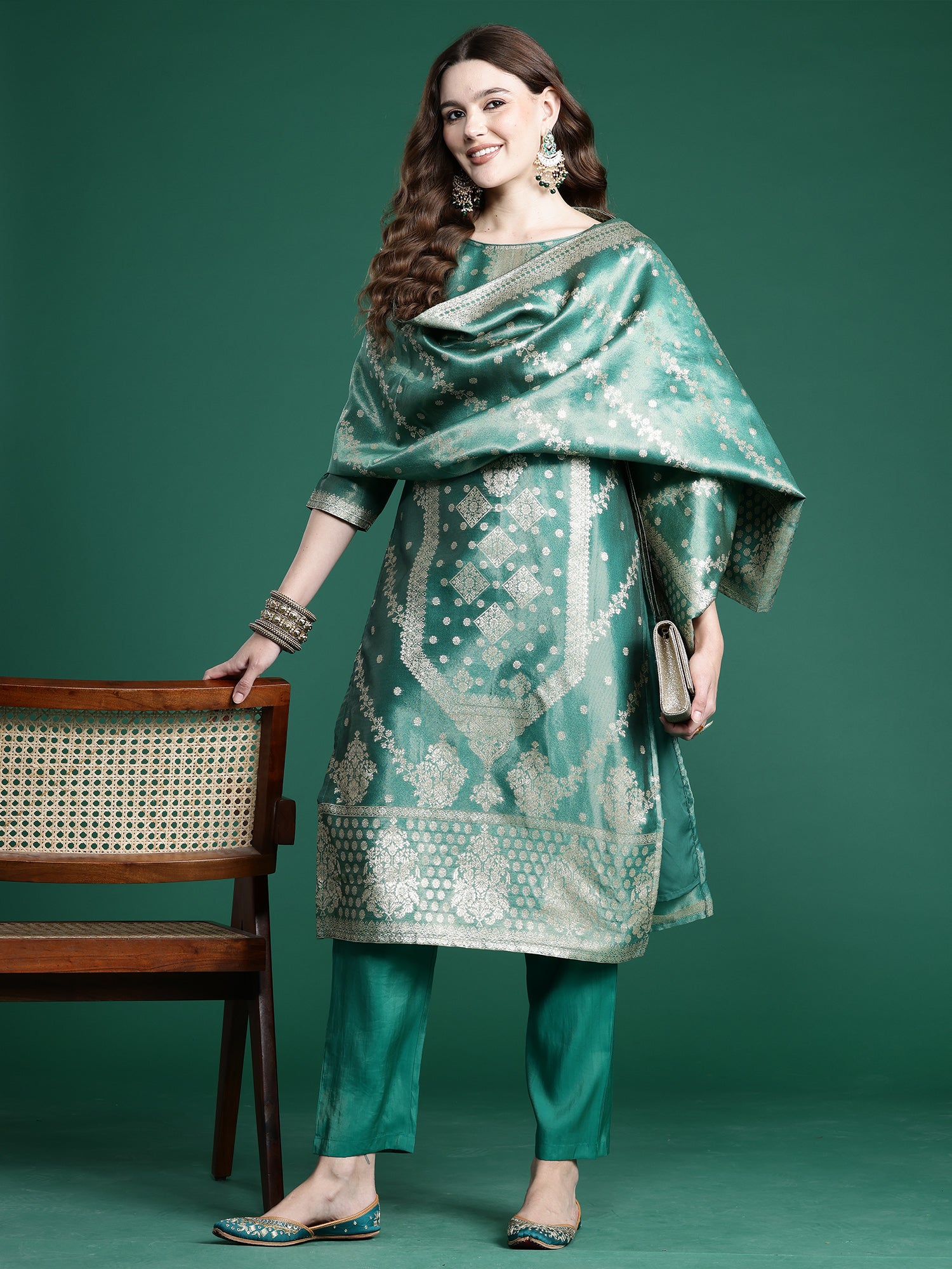 Indo Era Green Straight Kurta Trousers With Dupatta Set - Distacart