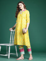Thumbnail for Indo Era Yellow Printed A-Line Kurta Trousers set - Distacart