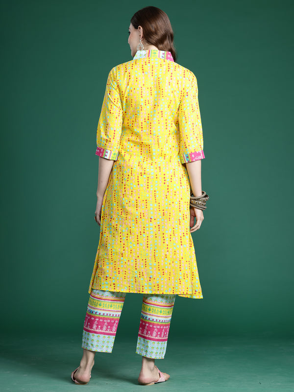 Indo Era Yellow Printed A-Line Kurta Trousers set - Distacart
