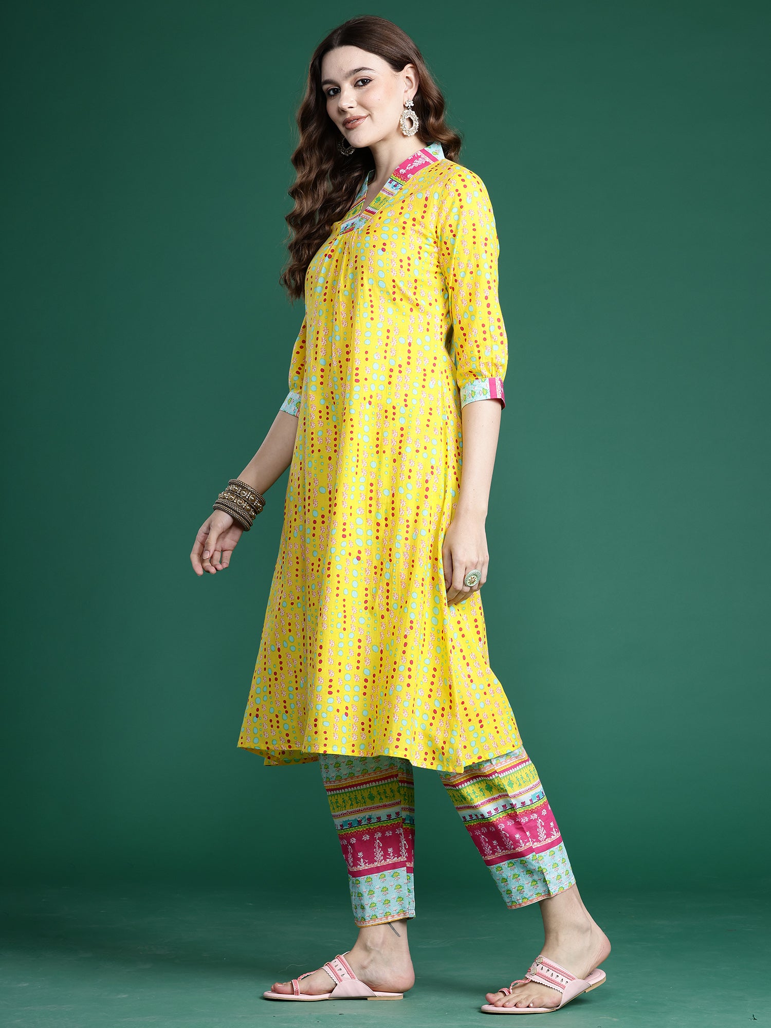 Indo Era Yellow Printed A-Line Kurta Trousers set - Distacart