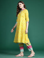 Thumbnail for Indo Era Yellow Printed A-Line Kurta Trousers set - Distacart